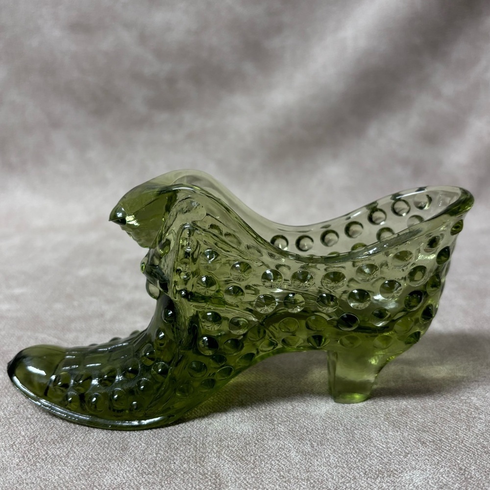 Vintage Avocado Hobnail Cat's Head Victorian Glass Shoe